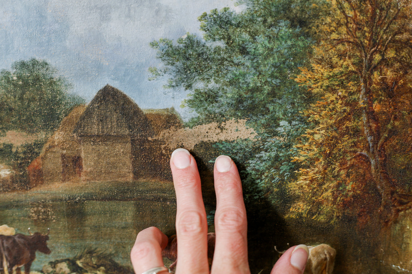English Oil Painting of Cows by Pond, 19th Century