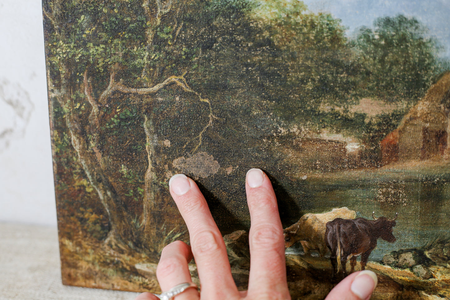 English Oil Painting of Cows by Pond, 19th Century
