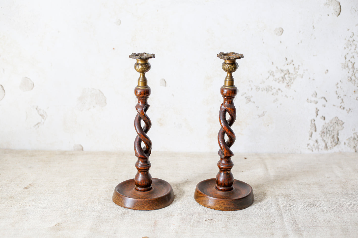 Pair of English Oak Open Barley Twist 12" Candlestick Holders with Brass Thistle Tops, c1900