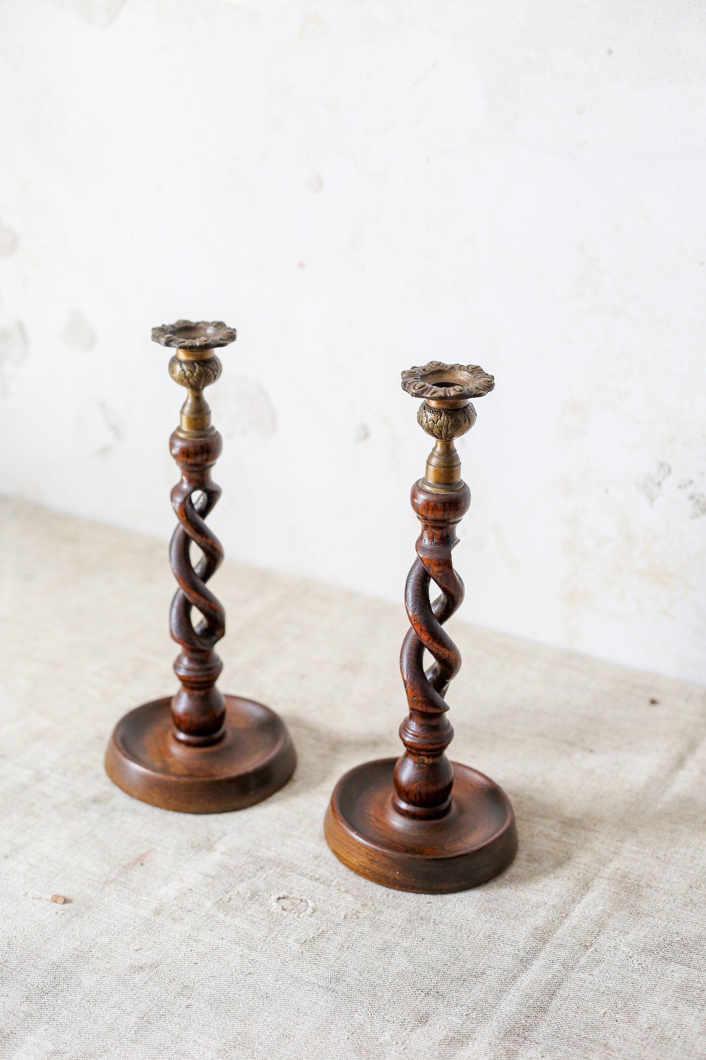 Pair of English Oak Open Barley Twist 12" Candlestick Holders with Brass Thistle Tops, c1900