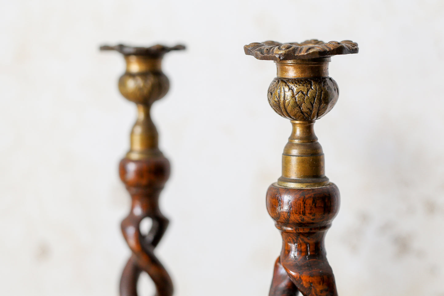 Pair of English Oak Open Barley Twist 12" Candlestick Holders with Brass Thistle Tops, c1900