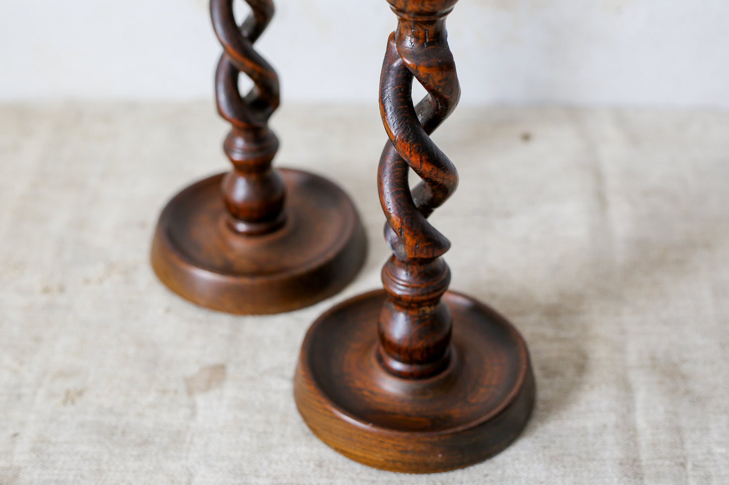 Pair of English Oak Open Barley Twist 12" Candlestick Holders with Brass Thistle Tops, c1900