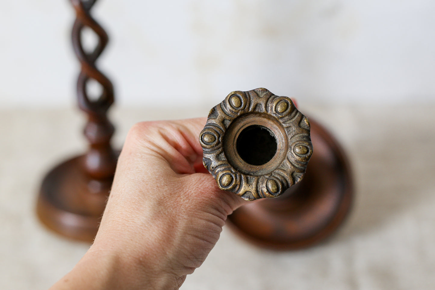 Pair of English Oak Open Barley Twist 12" Candlestick Holders with Brass Thistle Tops, c1900