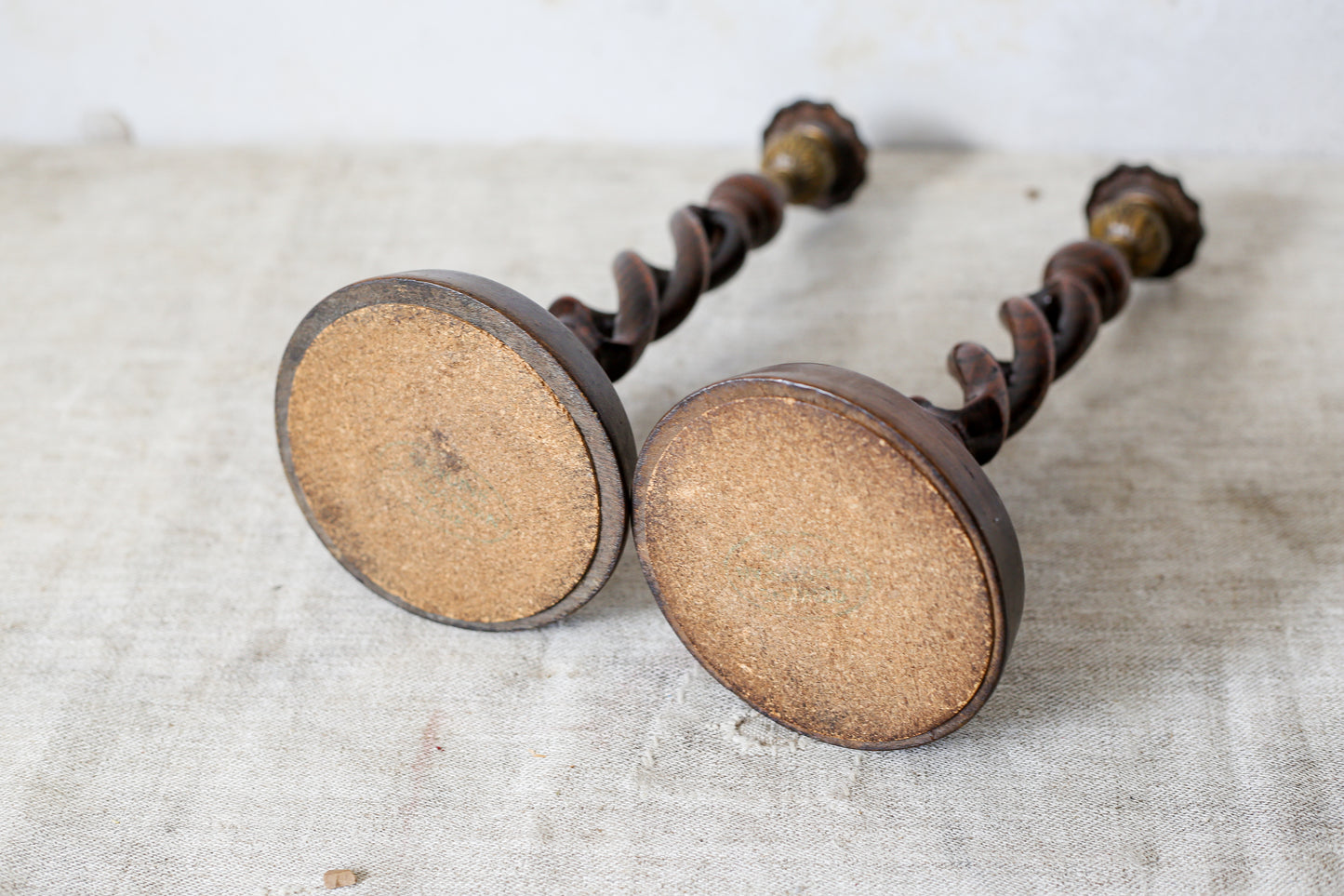 Pair of English Oak Open Barley Twist 12" Candlestick Holders with Brass Thistle Tops, c1900
