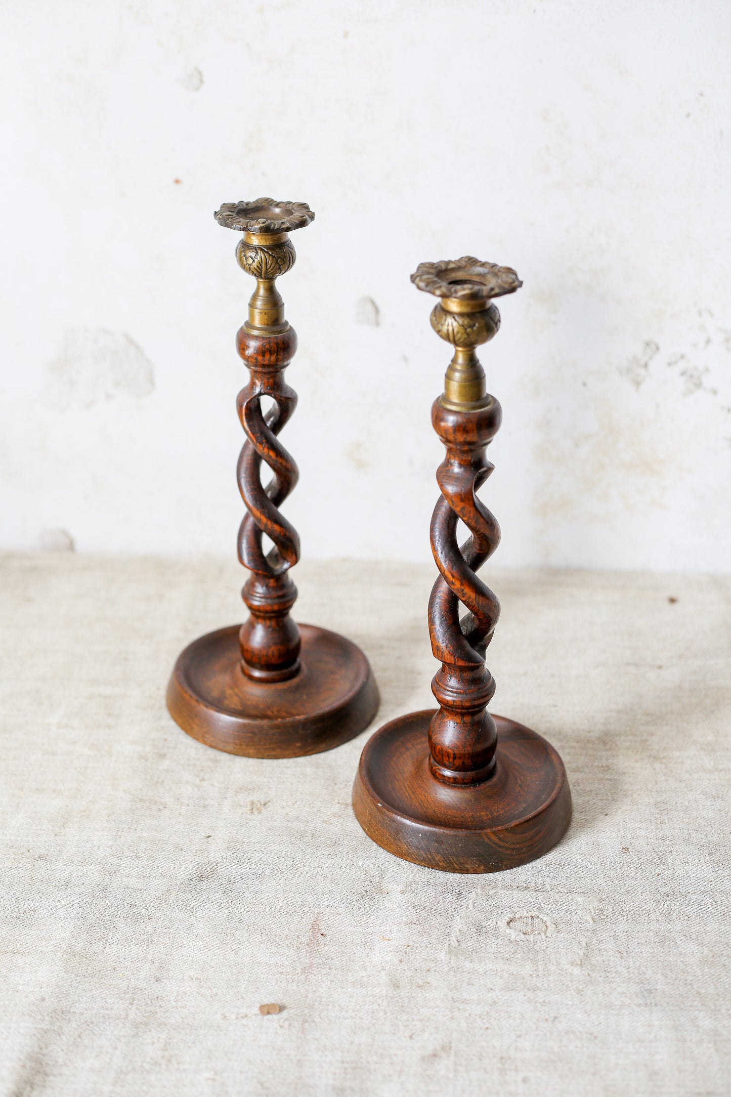 Pair of English Oak Open Barley Twist 12" Candlestick Holders with Brass Thistle Tops, c1900
