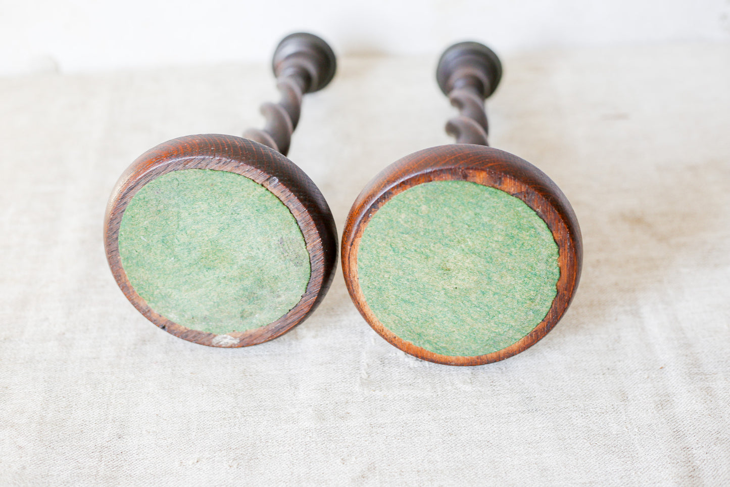 Pair of English Polished Oak and Brass Barley Twist Candlestick Holders, c1920