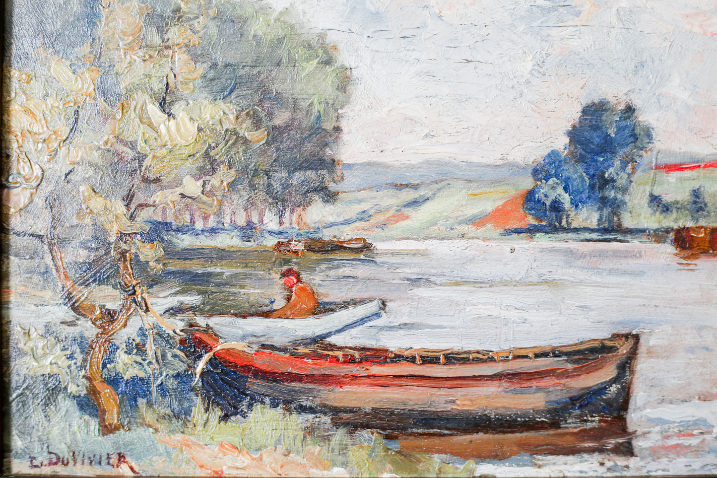 Original Impasto Lake and Boat Oil Painting by DuVivier