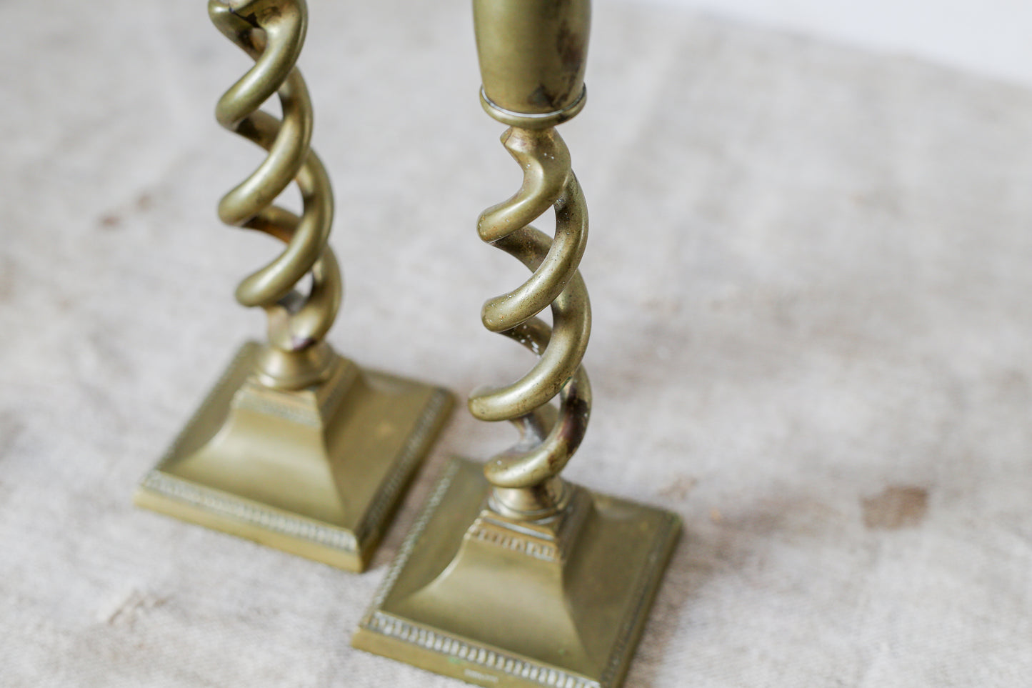 Pair of 9" English Open Barley Twist Brass Candle Holders With Square Bases