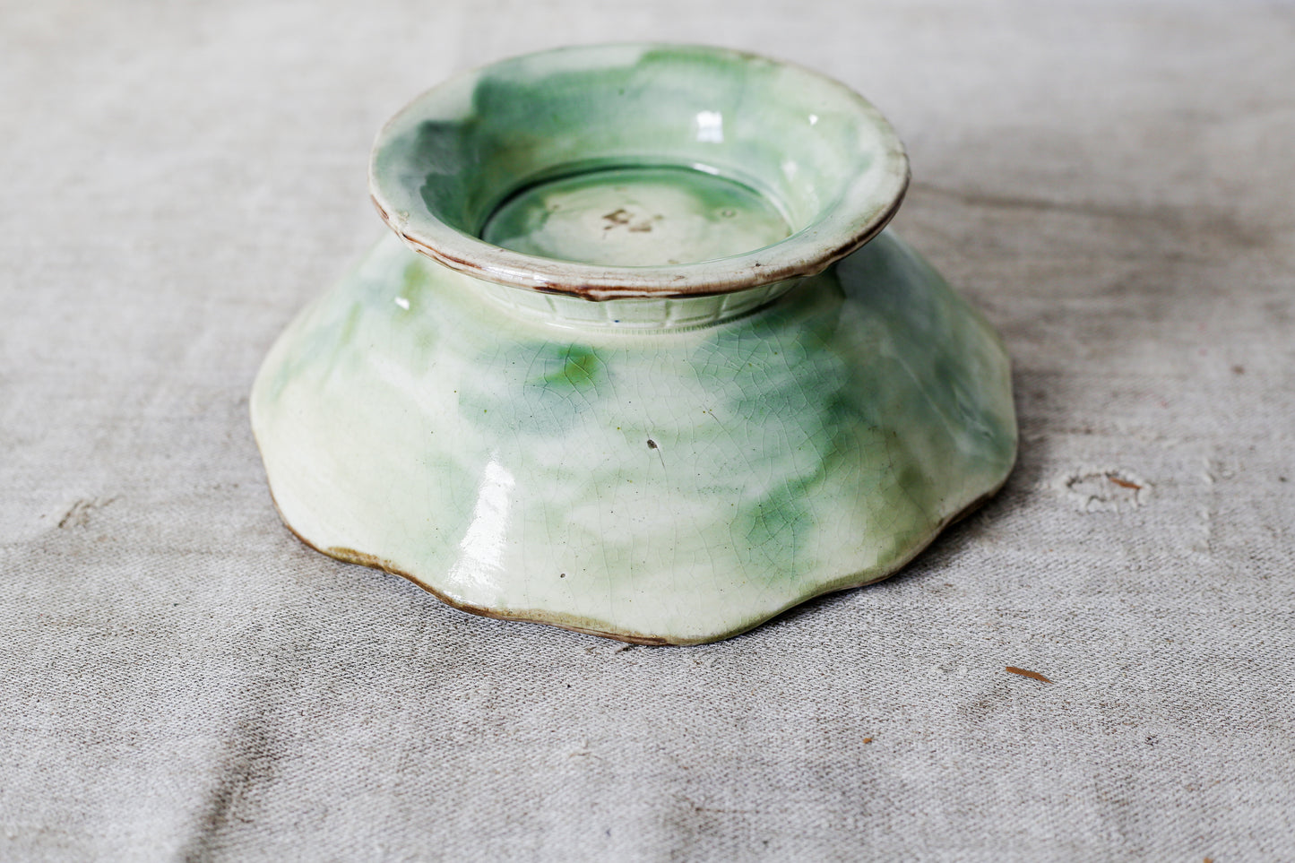 Majolica Green and Pink Begonia Basketweave Pedestal Compote Bowl