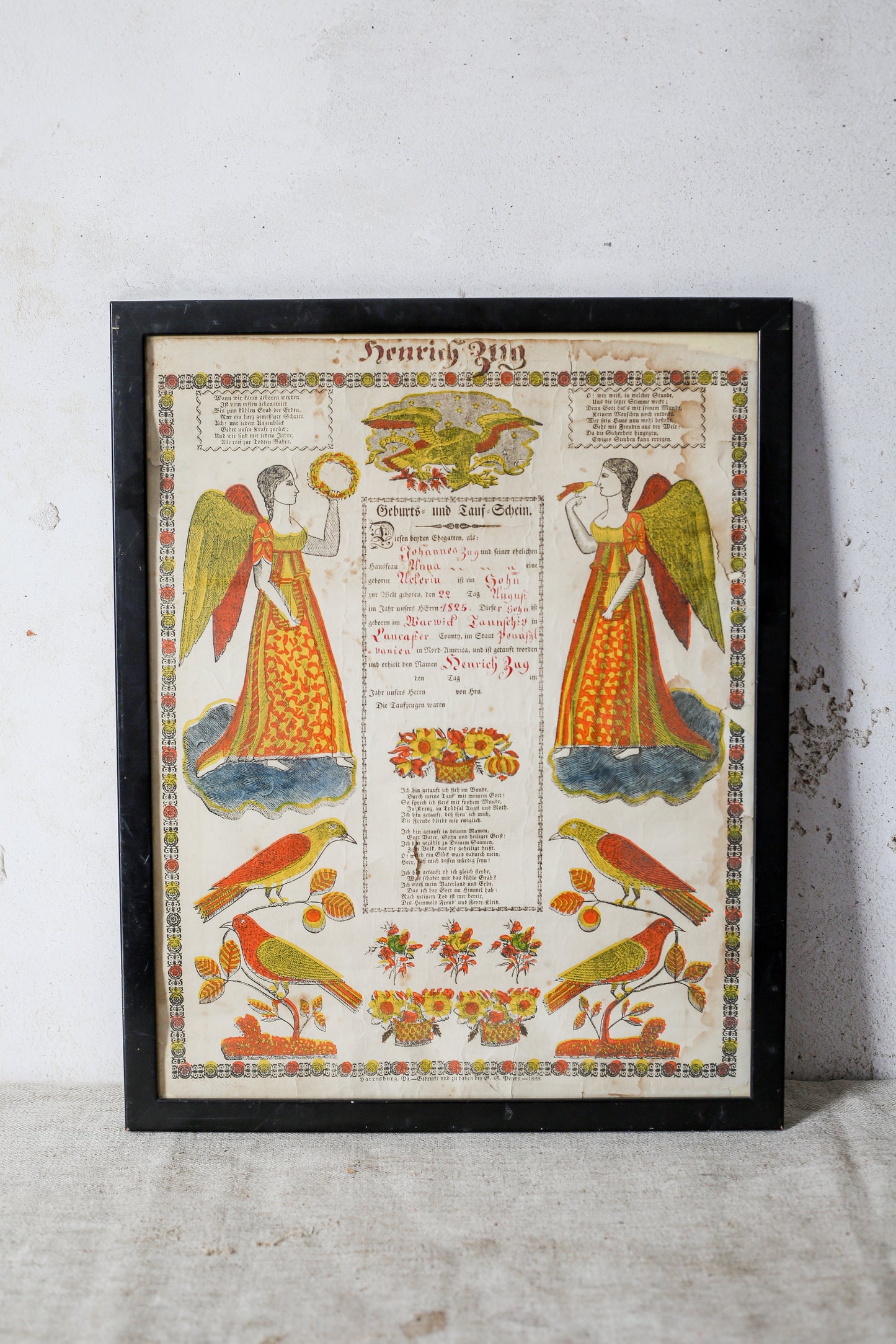 1825 Pennsylvania Dutch Fraktur Folk Art Birth Certificate
