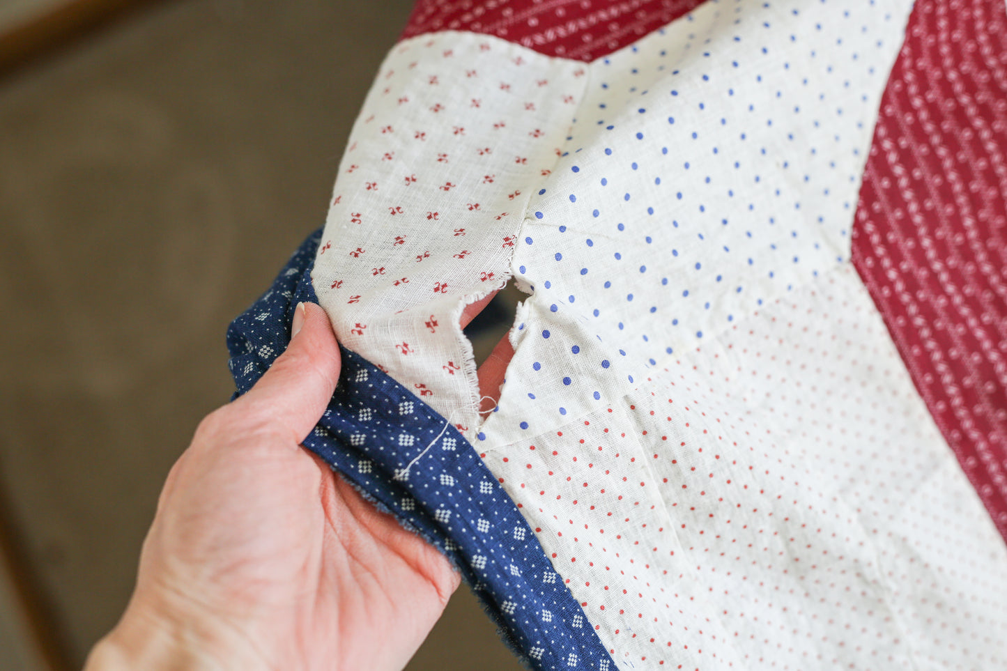 Red White & Blue Lemoyne Star Quilt TOP, c1900
