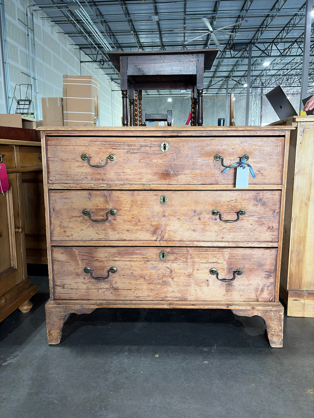 Stripped Georgian pine chest of drawers (3) on bracket feet.