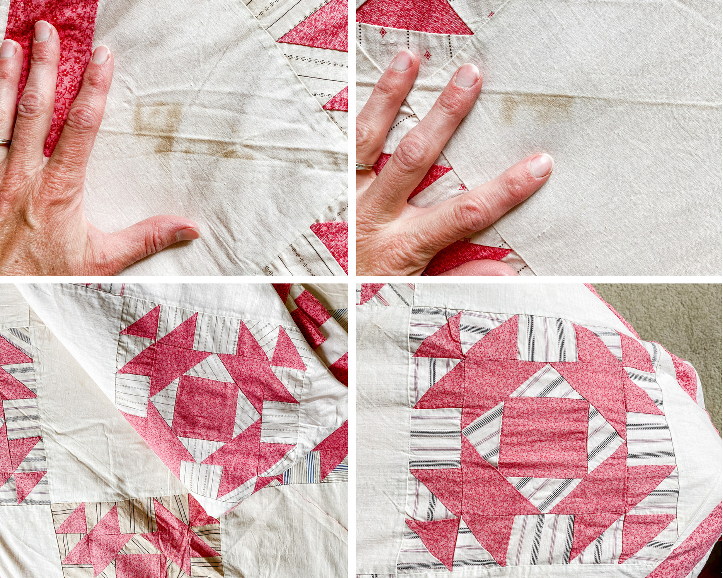 Set of Two Antique Matching Pink and White Broken Dishes Quilt TOPS, c1910