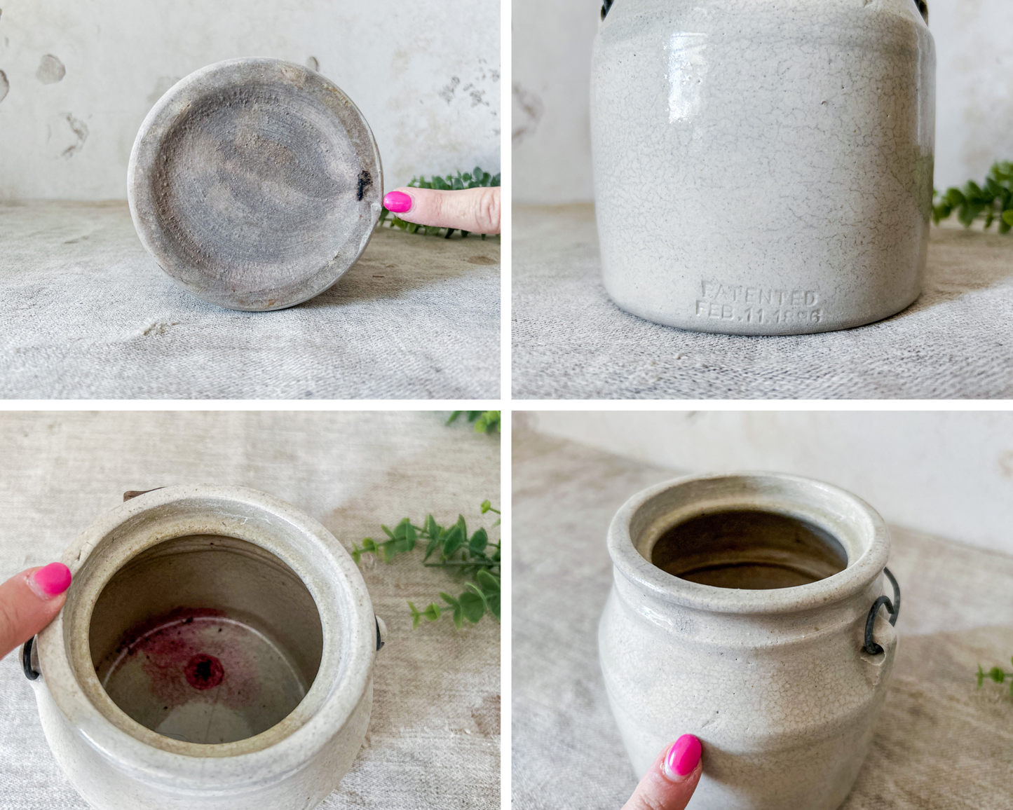 Antique Cream Color Salt Glaze Stoneware Crock with Handle