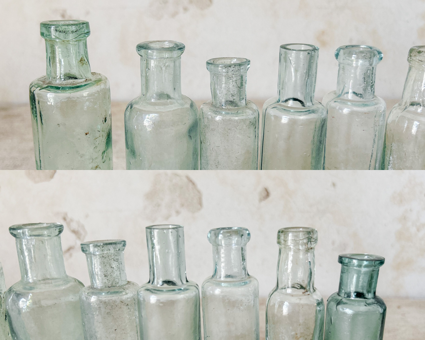 Set of 7 Antique English Aqua Glass Cylinder Bottles