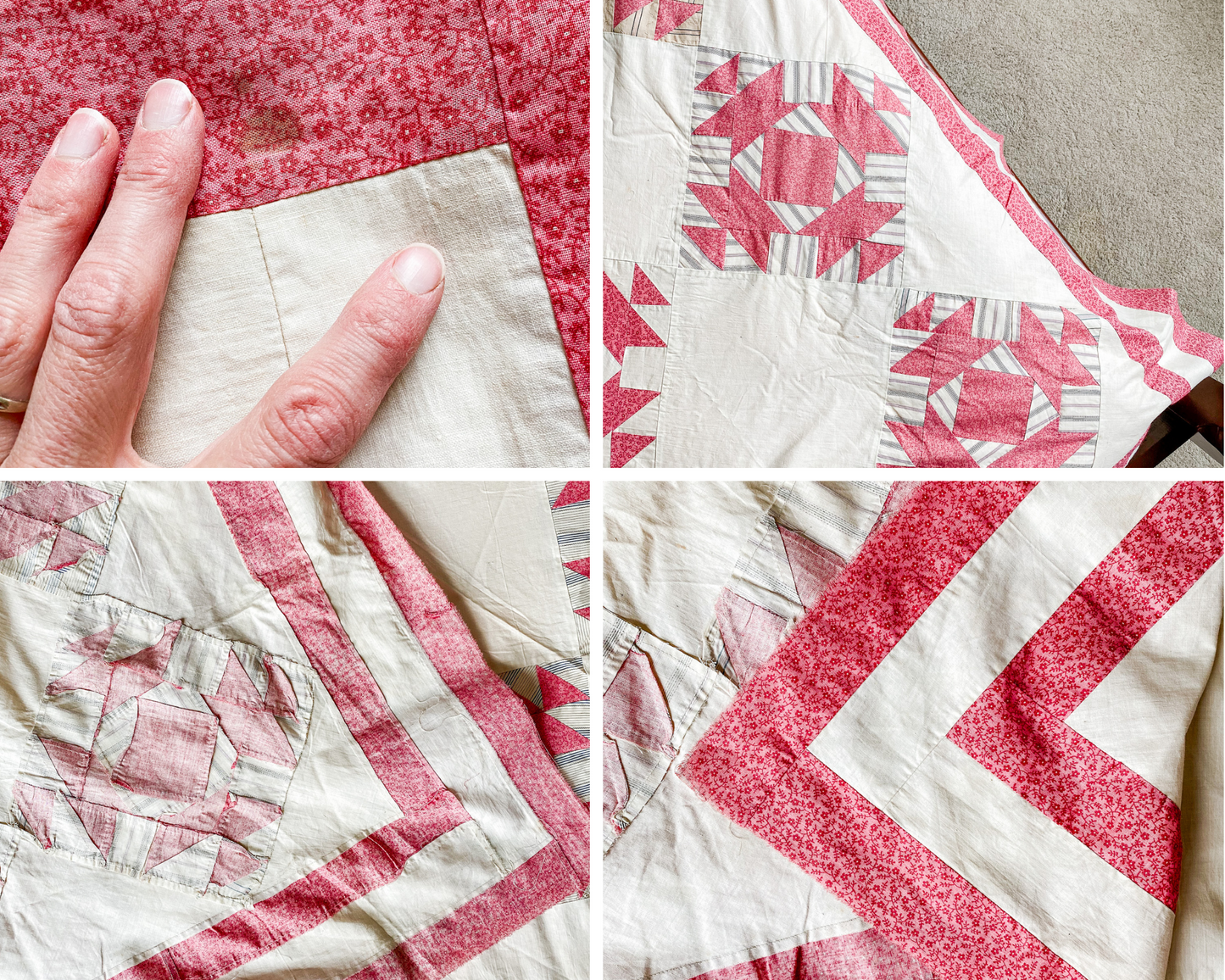 Set of Two Antique Matching Pink and White Broken Dishes Quilt TOPS, c1910
