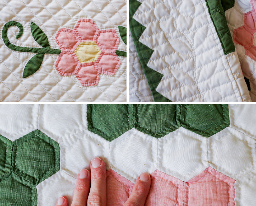 Pair of Pink and Green Grandmother’s Flower Garden Handmade Twin Quilts