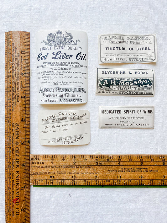 Set of 5 Antique Authentic English Apothecary Pharmacy Labels