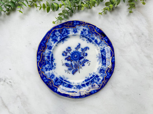 Antique Gilt Flow Blue Floral Ironstone 8” Plate