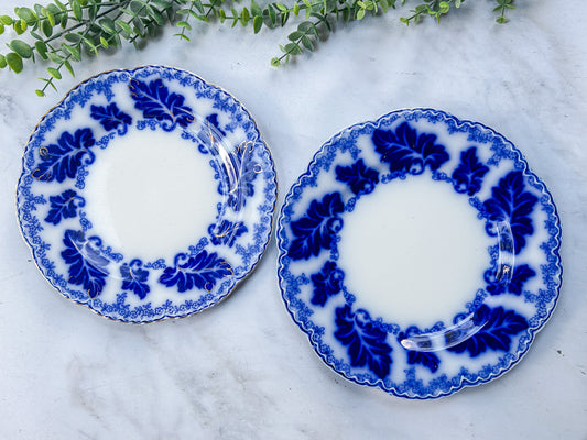 CHOICE Antique Gilt Flow Blue Ironstone Plates - Normandy by Johnson Brothers, c1910