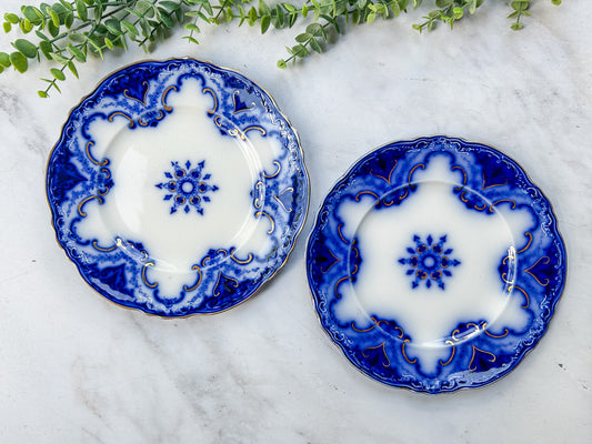 CHOICE Antique Gilt Flow Blue 9” Ironstone Plates - Cambridge by Alfred Meakin, c1897