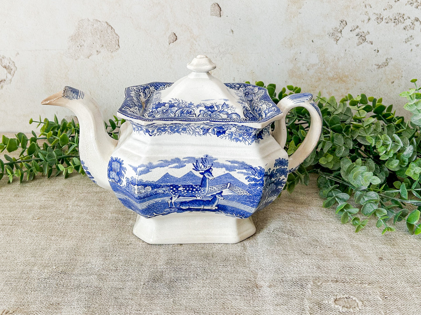 Antique Ironstone Blue Transferware Teapot (Unmarked)