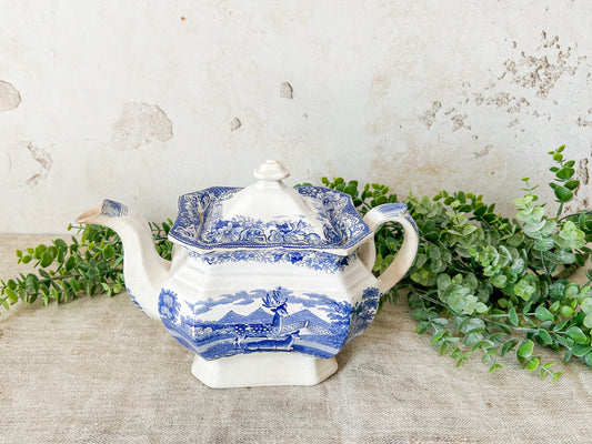 Antique Ironstone Blue Transferware Teapot (Unmarked)