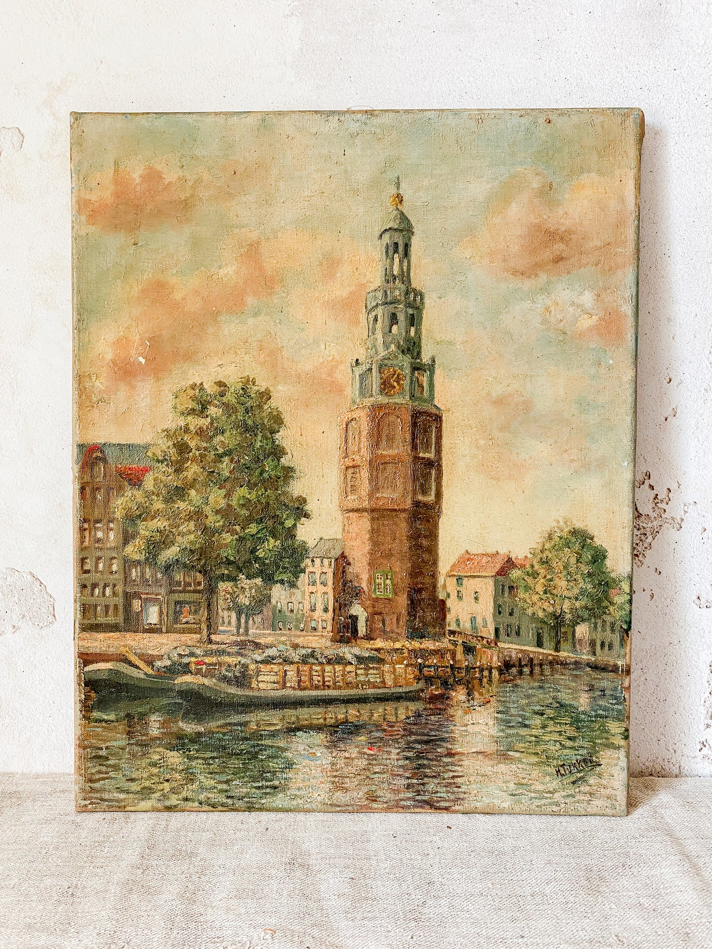 Antique Dutch Oil Painting of Montelbaanstoren Tower, Amsterdam