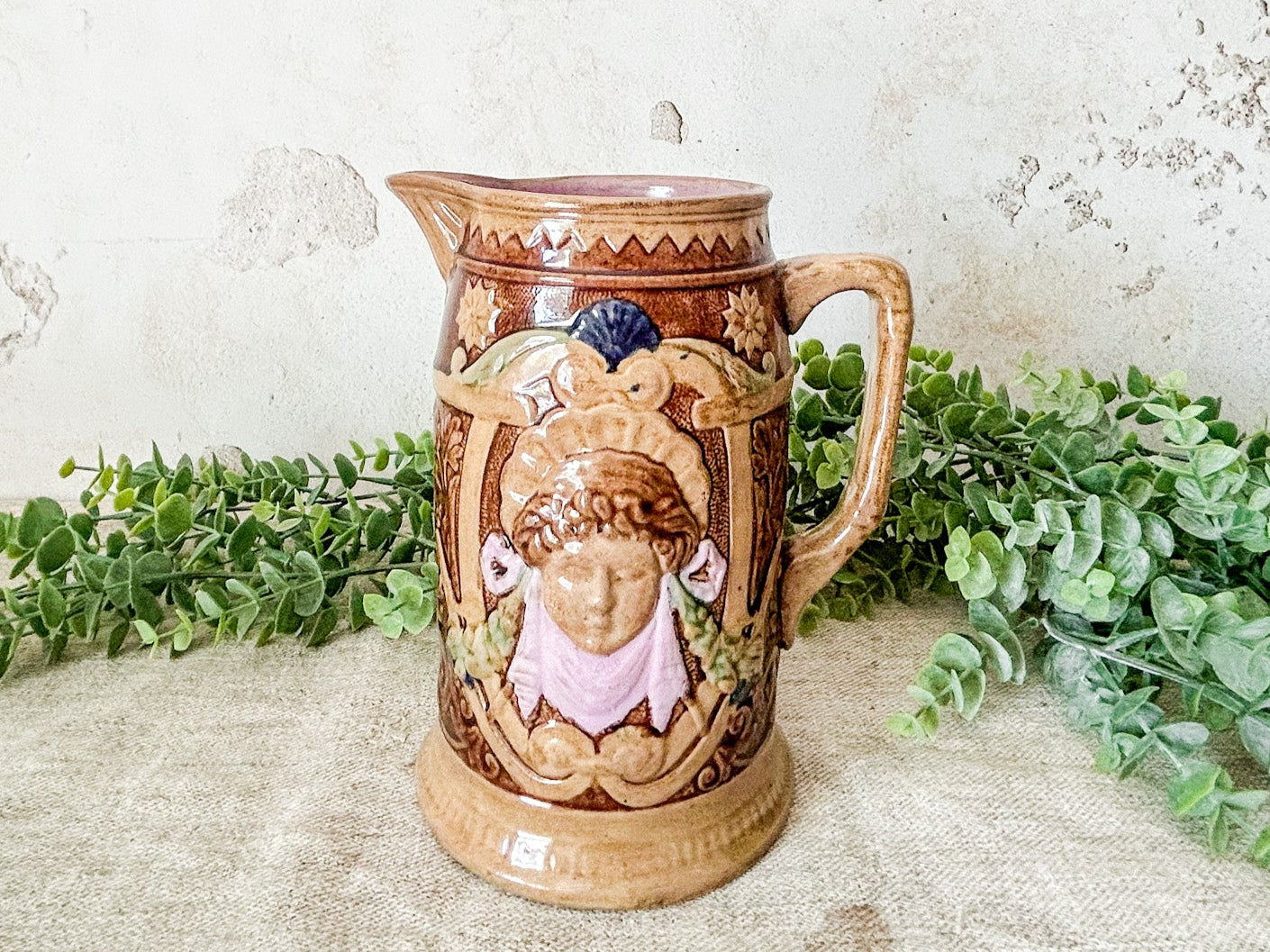 Antique Majolica Figural Face Pitcher