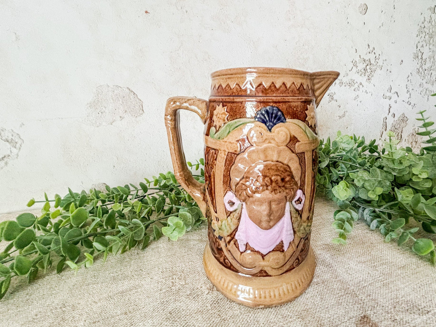 Antique Majolica Figural Face Pitcher
