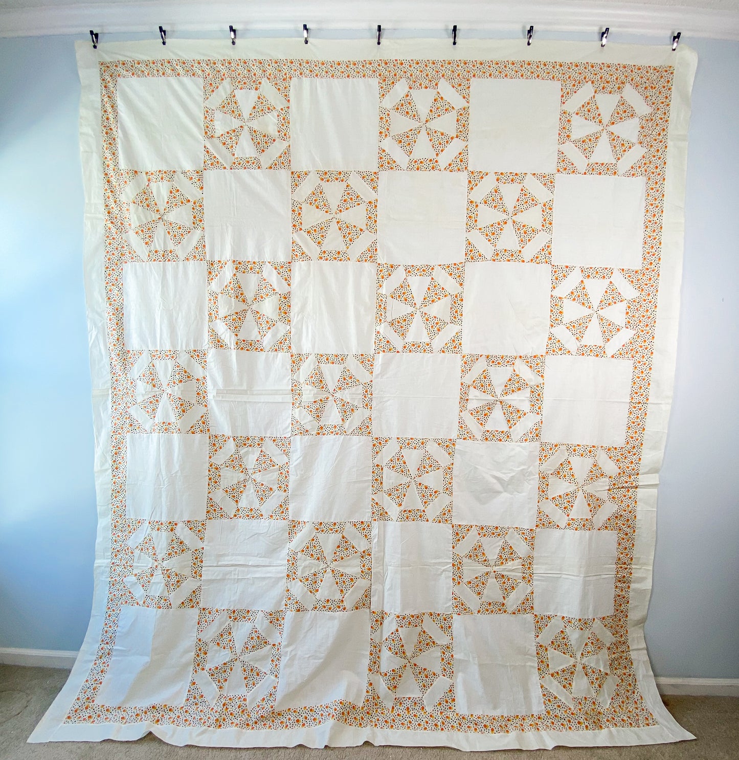 Vintage Spider Web Unfinished Geometric Orange and Yellow Quilt TOP