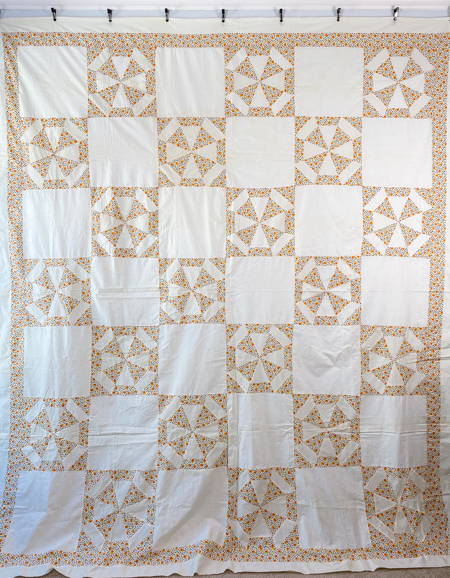 Vintage Spider Web Unfinished Geometric Orange and Yellow Quilt TOP
