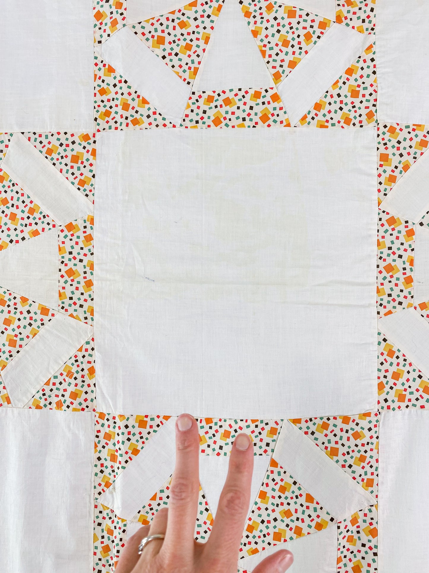Vintage Spider Web Unfinished Geometric Orange and Yellow Quilt TOP