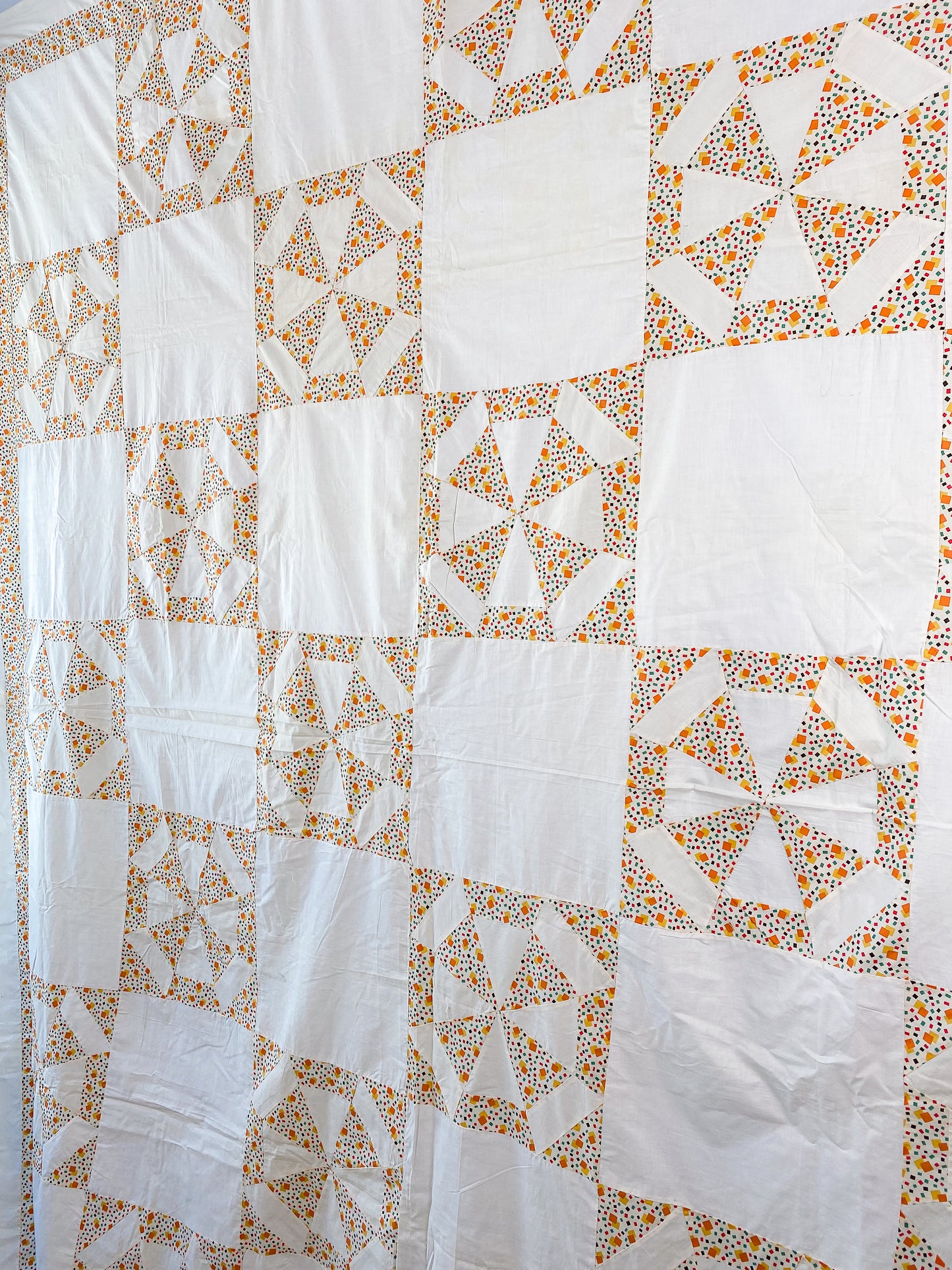 Vintage Spider Web Unfinished Geometric Orange and Yellow Quilt TOP
