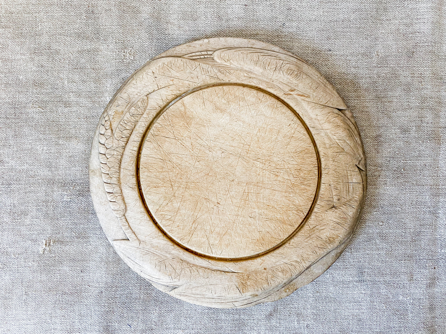 Antique Carved Round Wooden Breadboard