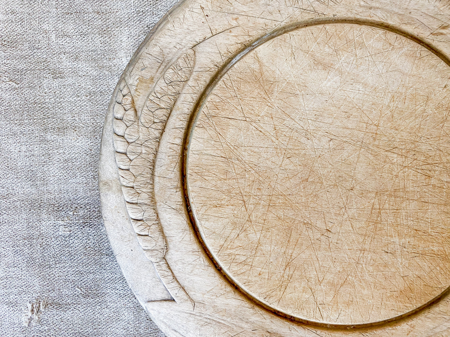 Antique Carved Round Wooden Breadboard