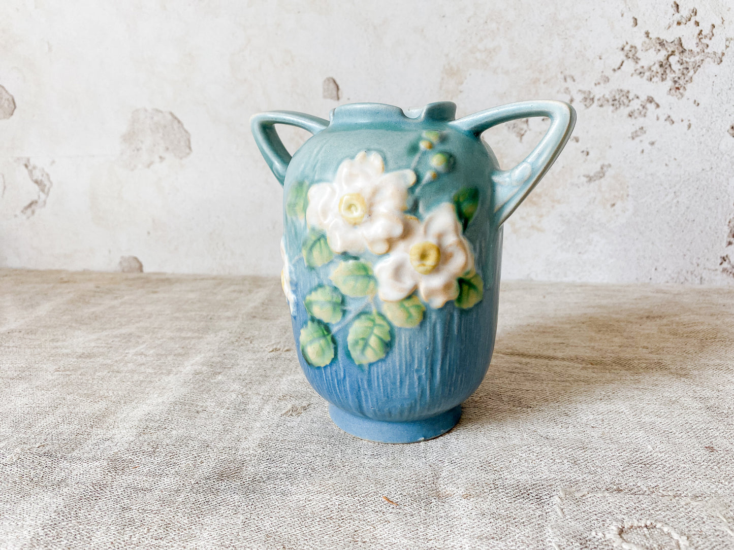 Vintage Roseville Pottery Double Handled Teal Blue White Rose Vase 979-6