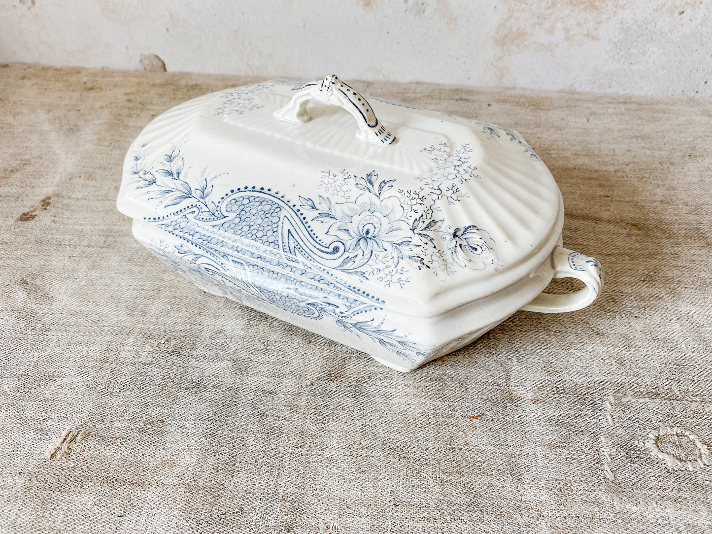 Antique “Avondale” Blue Transferware Ironstone Covered Vegetable Dish by W. & T. Adams