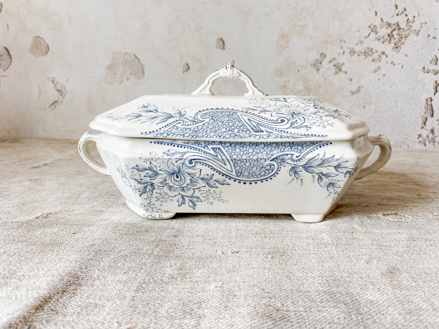 Antique “Avondale” Blue Transferware Ironstone Covered Vegetable Dish by W. & T. Adams