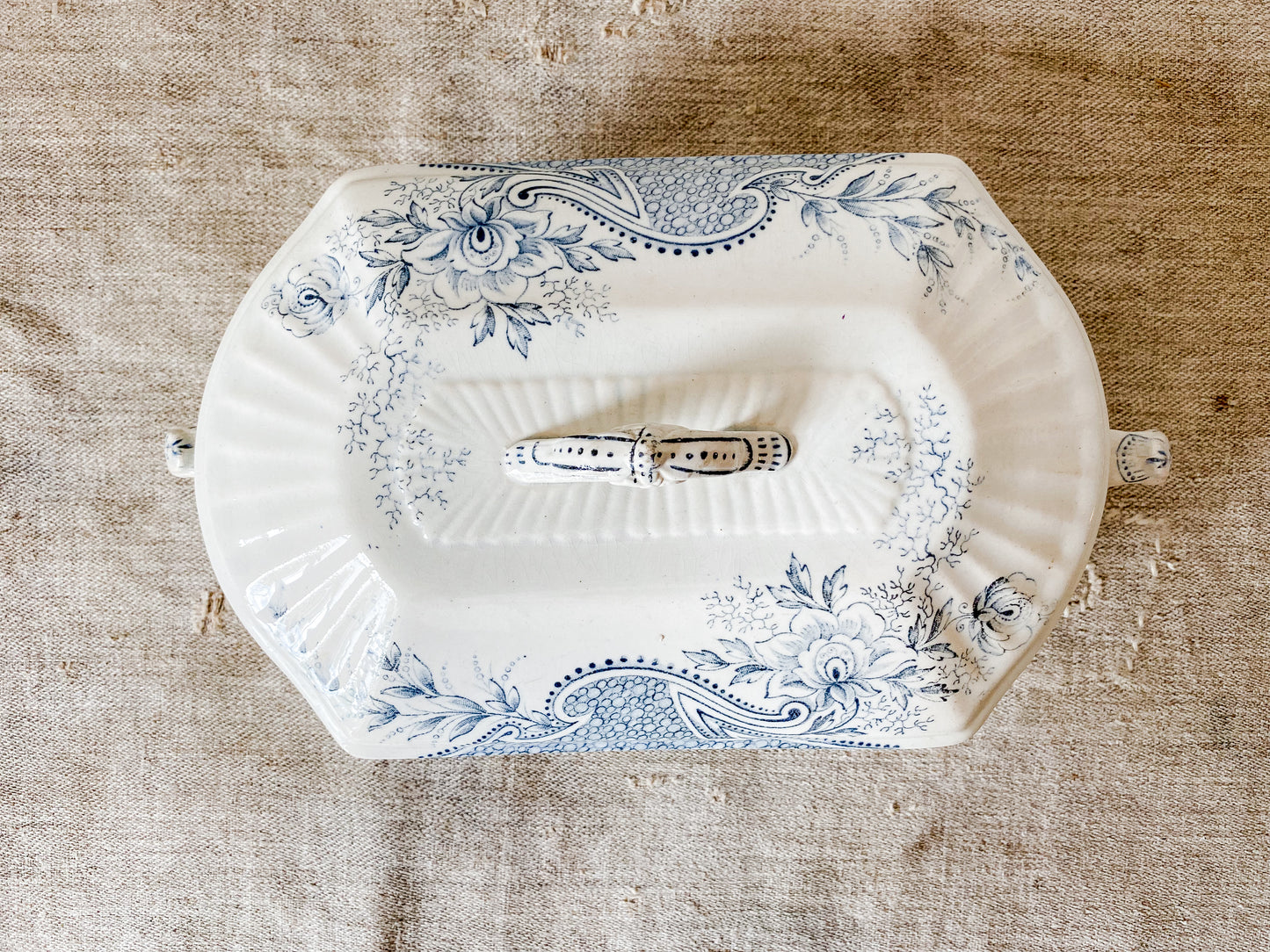Antique “Avondale” Blue Transferware Ironstone Covered Vegetable Dish by W. & T. Adams