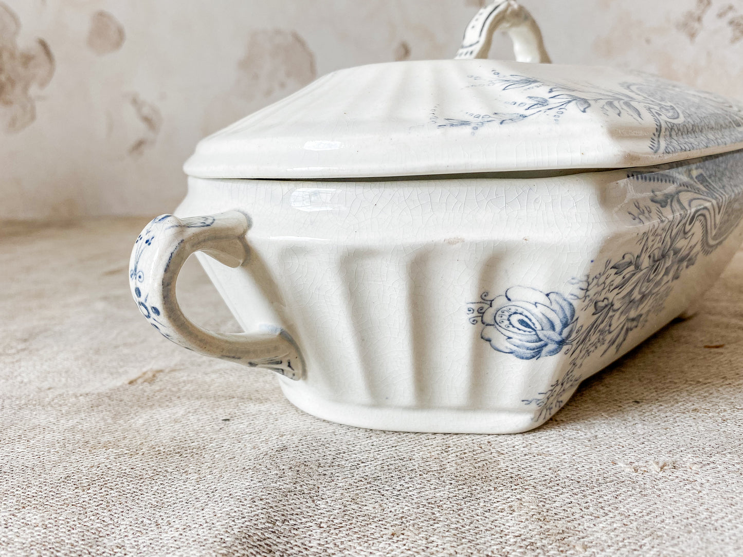 Antique “Avondale” Blue Transferware Ironstone Covered Vegetable Dish by W. & T. Adams