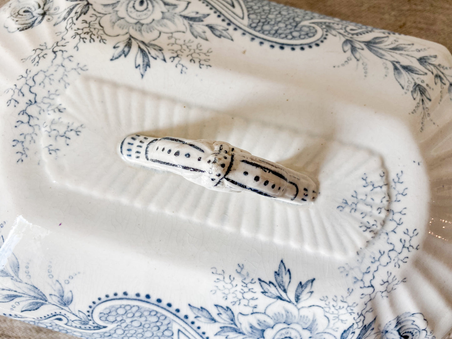 Antique “Avondale” Blue Transferware Ironstone Covered Vegetable Dish by W. & T. Adams