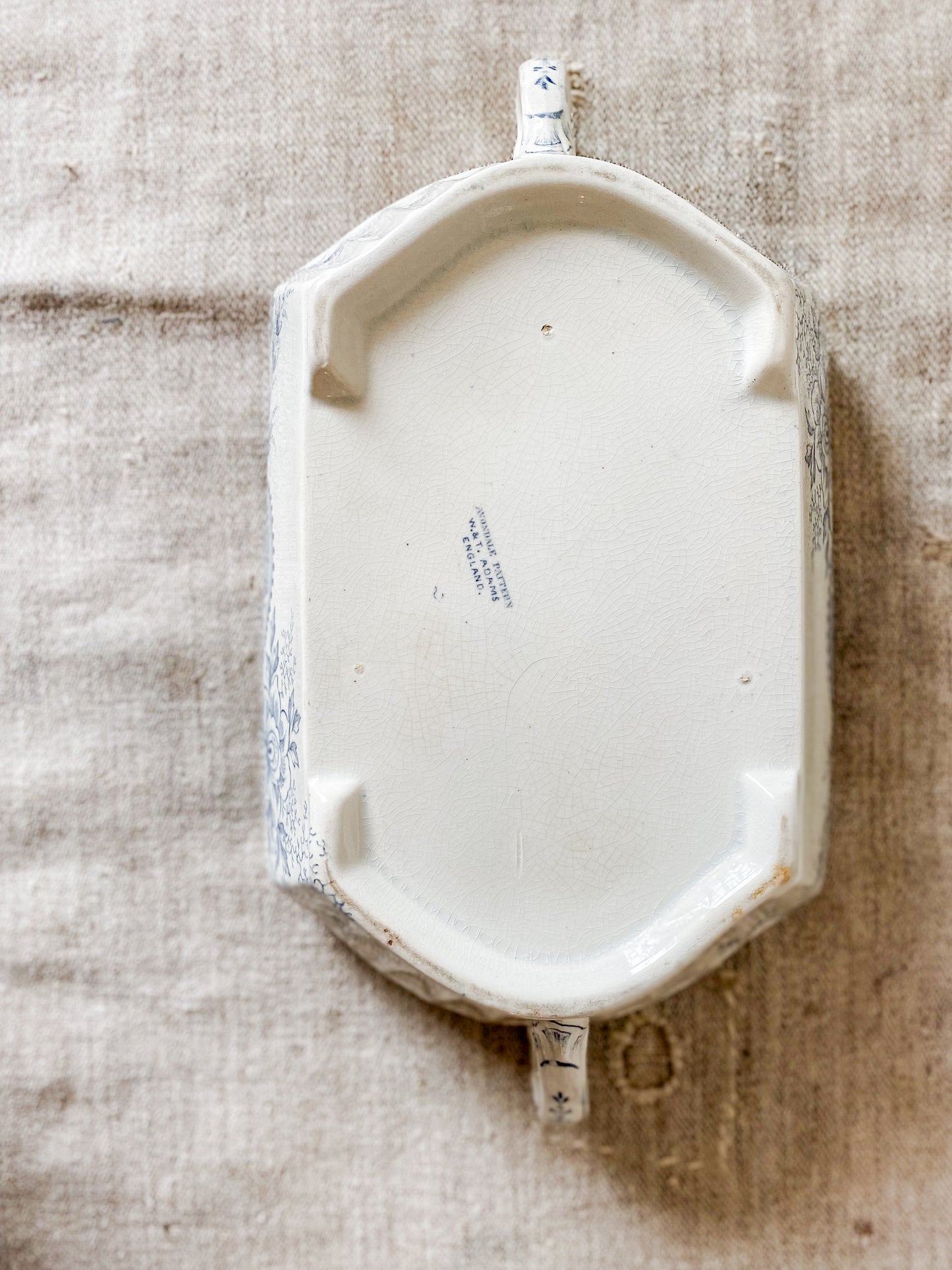 Antique “Avondale” Blue Transferware Ironstone Covered Vegetable Dish by W. & T. Adams