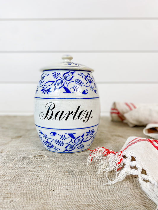 Antique German Blue Onion Ceramic Barley Canister, c1900