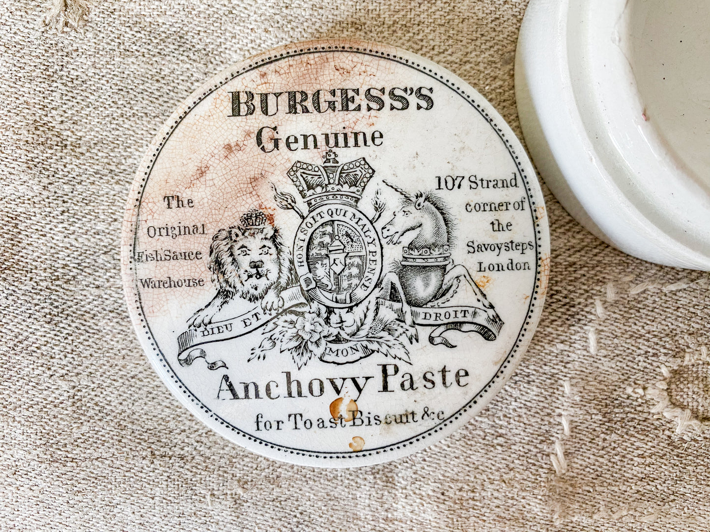 Antique Burgess Genuine Anchovy English Pot & Lid