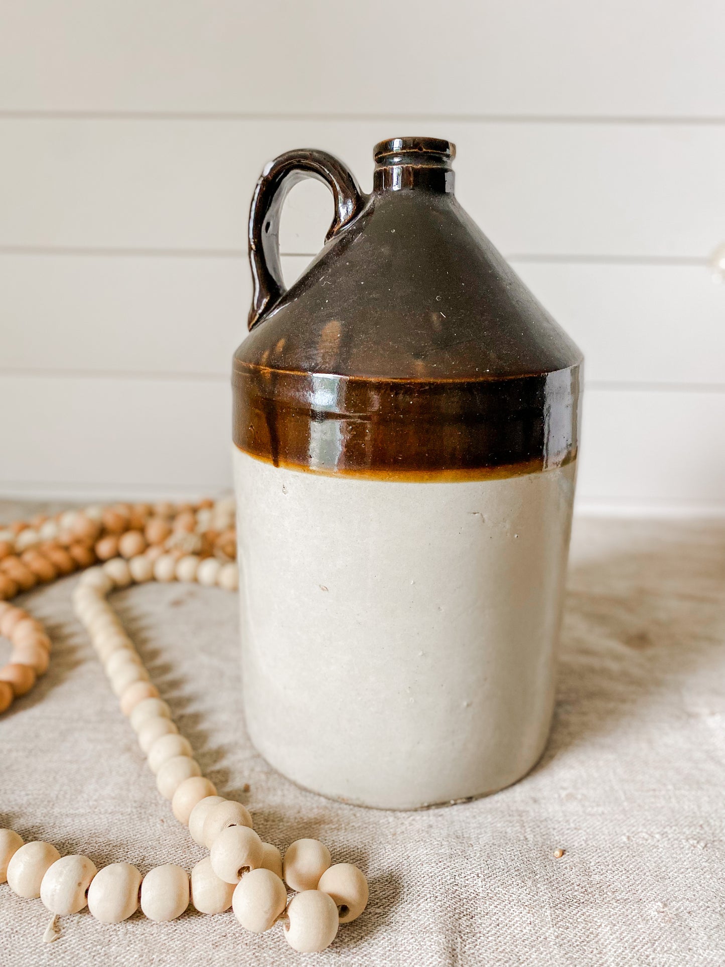 Vintage Two Tone Brown and Cream Large Stoneware Whiskey Jug