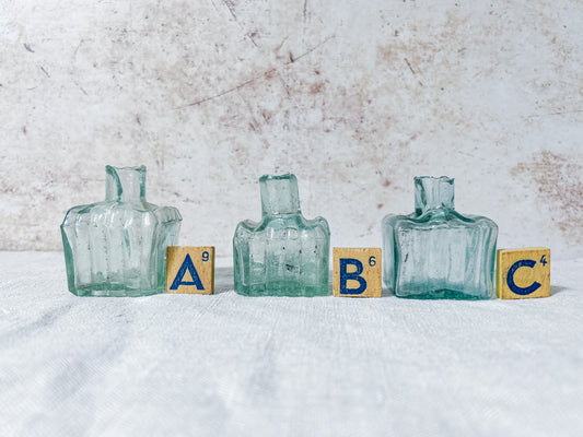 CHOICE Antique English Aqua Glass Ribbed Inkwells
