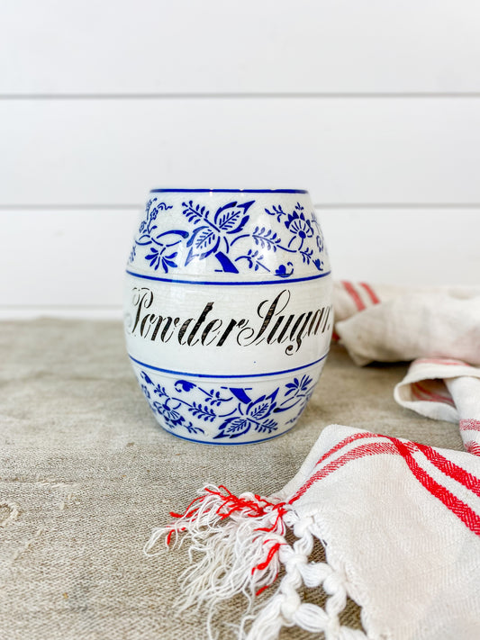 Antique German Blue Onion Ceramic Canister for Powder Sugar, c1900