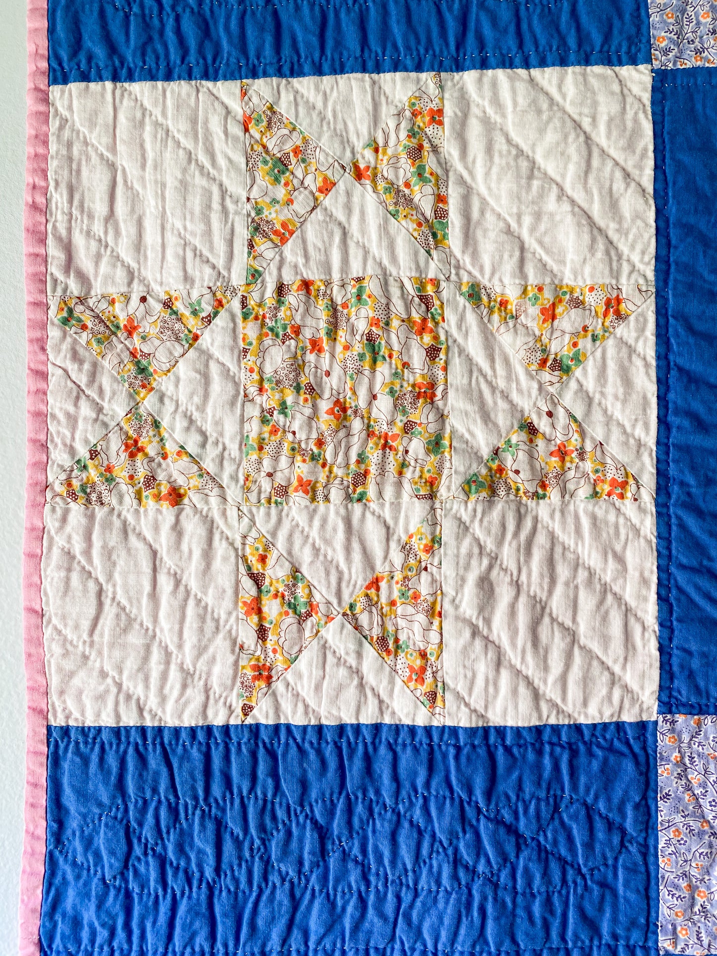 Vintage Blue and Pink Ohio Star 1930s Quilt