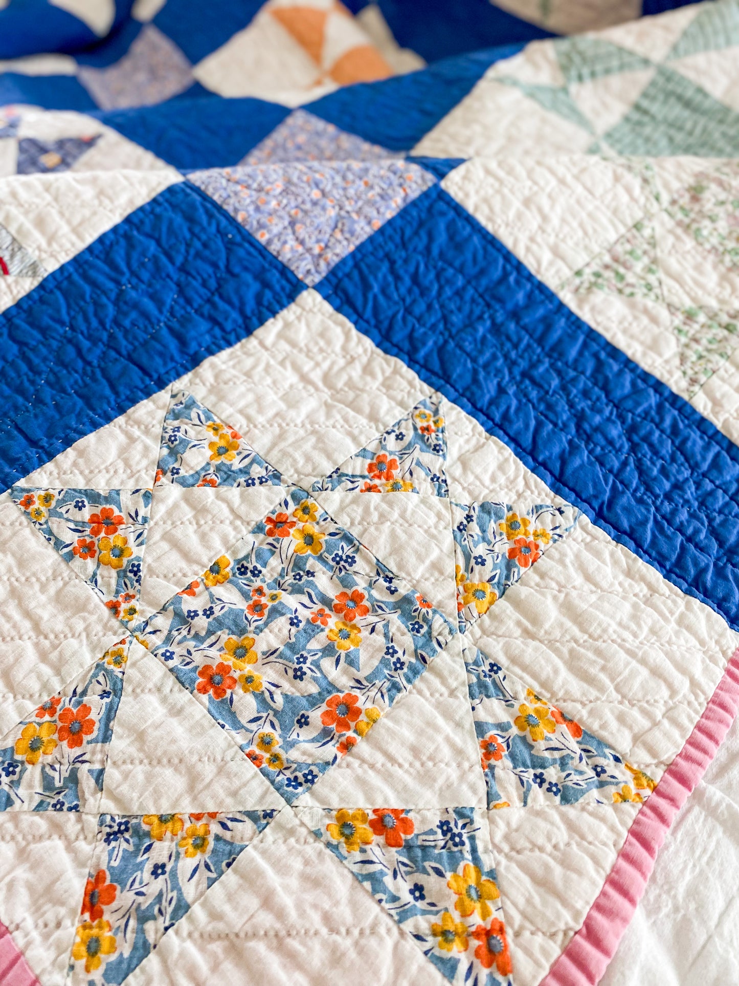 Vintage Blue and Pink Ohio Star 1930s Quilt